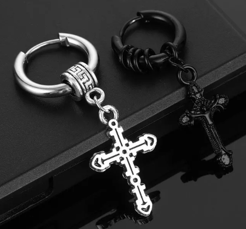 UNISEX SILVER CROSS HUGGIE HOOP WATER DROP EARRING