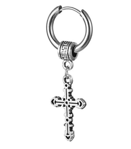 UNISEX SILVER CROSS HUGGIE HOOP WATER DROP EARRING