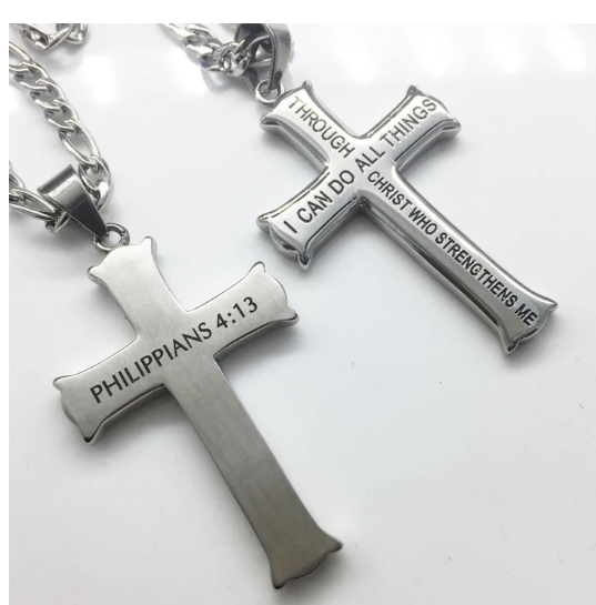 MENS SILVER CROSS TITANIUM STEEL BIBLE SCRIPTURE PENDANT NECKLACE