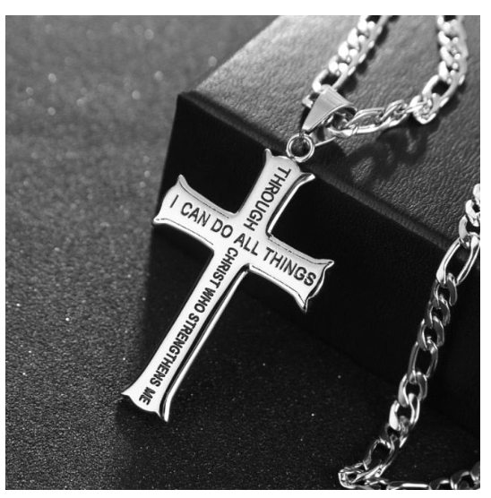 MENS SILVER CROSS TITANIUM STEEL BIBLE SCRIPTURE PENDANT NECKLACE