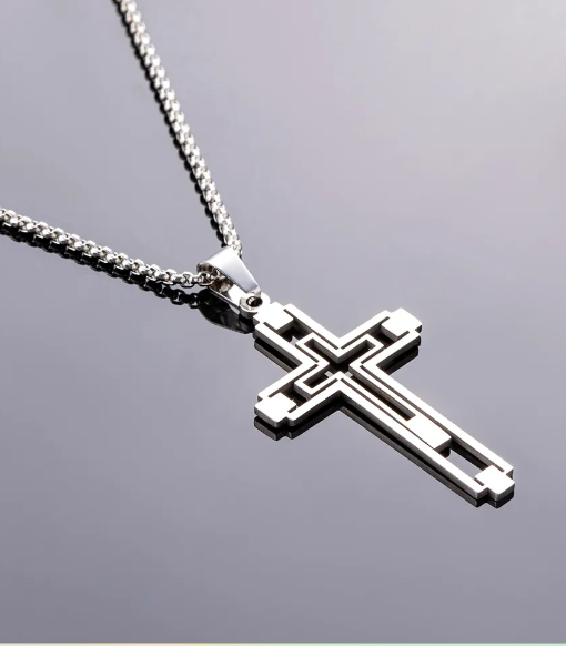 MENS SILVER STAINLESS STEEL HOLLOW OUT PENDANT NECKLACE