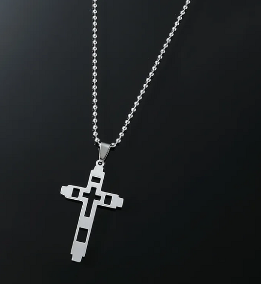 UNISEX TITANIUM STEEL SILVER CROSS PENDANT NECKLACE